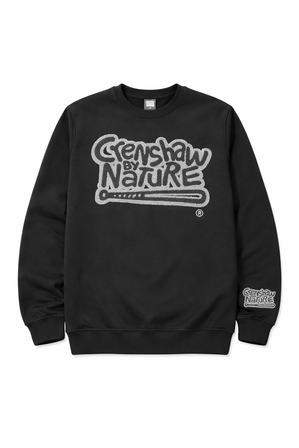 Black Crenshaw by Nature heavyweight crewneck with signature CBN chenille patch at the chest
