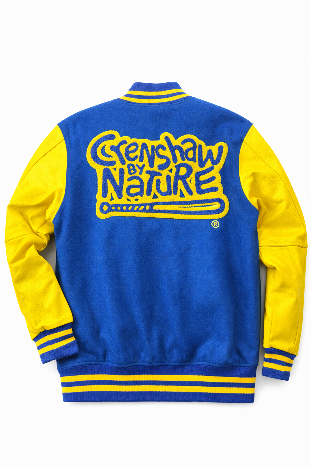Crenshaw by Nature varsity jacket detail — gold vegan leather sleeves with embroidered CBN sleeve hit and gold snap-front hardware