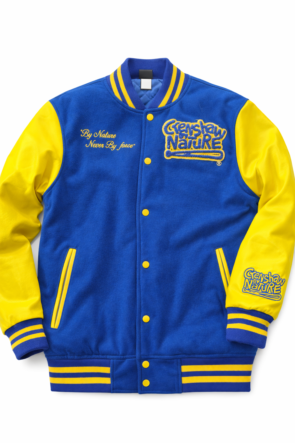 Crenshaw by Nature royal wool and gold varsity jacket with chenille CBN chest patch and embroidered 'By Nature, Never By Force' script